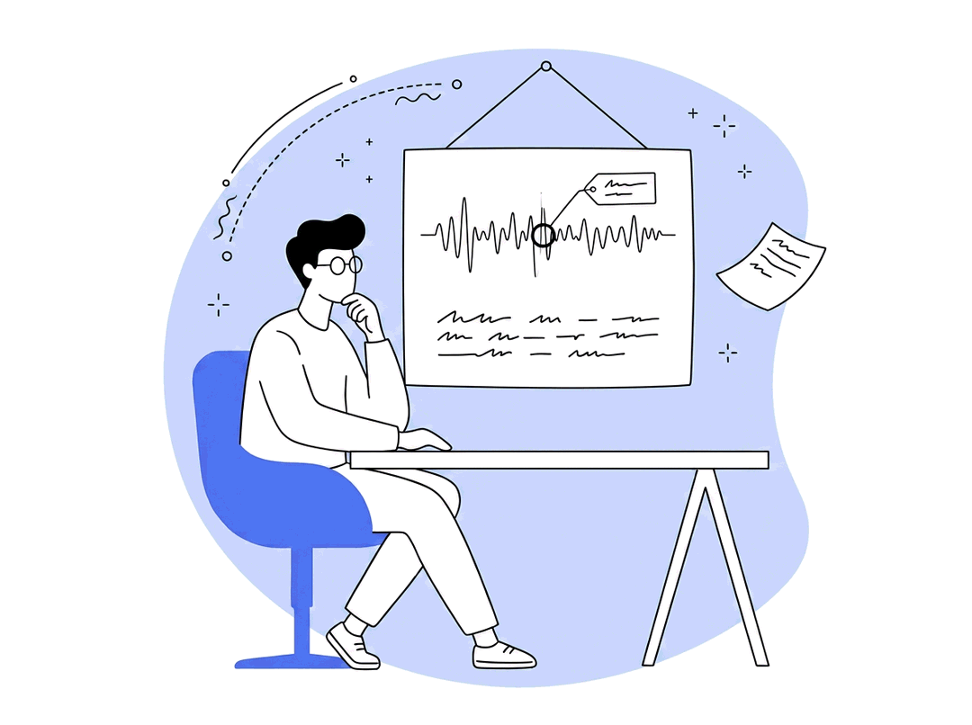 A QA analyst reviewing waveforms, transcripts and defects